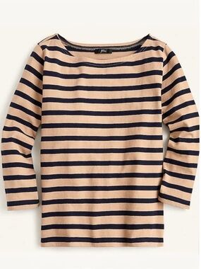 J.CREW 100% Cotton Structured Boatneck T-Shirt In Tan Khaki/Navy Stripe XS